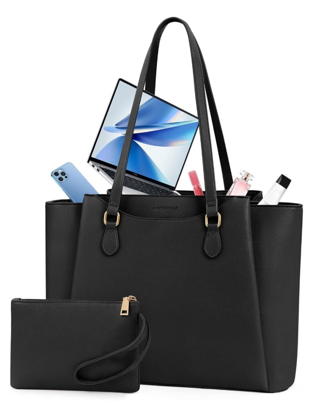 Faux Leather Laptop Tote Bag with Clutch Waterproof Work Shoulder Bag